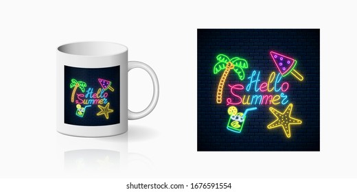 Neon summer print with lettering and summer things in rectangle frame for cup design. Shiny summertime symbol, design, banner in neon style on mug mockup. Vector shiny design element