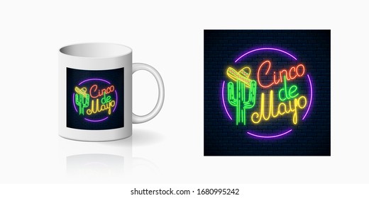 Neon summer print of sinco de mayo holiday sign with cactus and sombrero hat in circle frames for cup design. Mexican festival emblem, design in neon style on mug mockup. Vector shiny design element