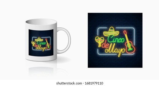 Neon summer print of sinco de mayo holiday with guitar, maracas and sombrero hat for cup design. Mexican festival emblem, design in neon style on mug mockup. Vector shiny design element