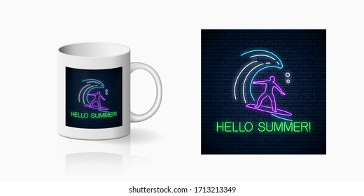 Neon summer print with surfer in ocean wave for cup design. Man on surfboard on waves symbol, design, banner in neon style on mug mockup. Vector illustration. Symbol of summer leisure on vacation