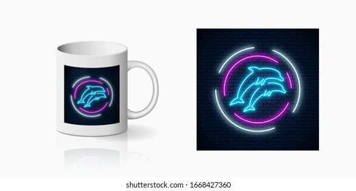 Neon summer print with two jumping dolphins in circle frames for cup design. Dolphins playing on waves symbol, design, banner in neon style on mug mockup. Vector shiny design element