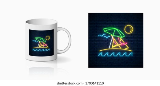 Neon summer sign with umbrella, sun, chaise-longue for cup design. Shiny summertime symbol, design, banner in neon style on mug mockup. Vector illustration. Deck chair on island beach.