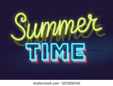 Neon summertime. Night illuminated wall street sign. Isolated geometric style illustration on brick wall background.