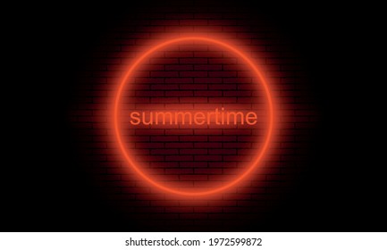 Neon summertime poster vector illustration. Night illuminated wall street sign.