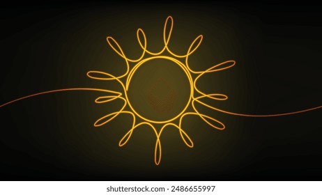 Neon sun. Soleil brillant. Lignes de néon bouclées. Isolé sur fond noir. Art linéaire. Technologie futuriste. Soleil. Poutres de soleil. Auto-dessin. Jaune clair.  Illustration vectorielle. Brillant. 


