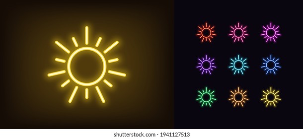 Neon sun icon. Glowing neon sun sign, outline solar energy symbol in vivid colors. Sunshine, sun ultraviolet, sunlight silhouette, solar radiation. Vector icon set, sign, pictogram for UI