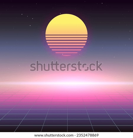 Neon sunset, a digital grid foreground, and a star-studded sky. Visual journey back to 80s. Synthwave inspired graphic. Scifi futuristic vector image. Background for party flyer, techno poster.