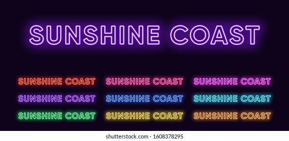 Neon Sunshine Coast name, city in Australia. Neon text of Sunshine Coast city. Vector set of glowing headlines with transparent backlight. Red pink purple, violet blue azure, green yellow orange color