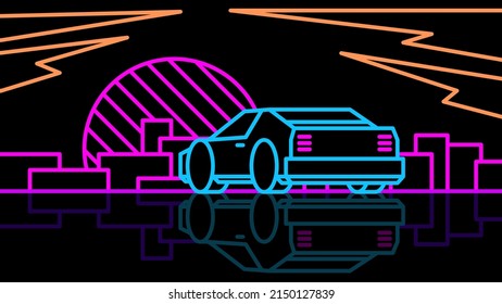 Neon supercar stands on the night city in 80s style. Outline retro sunset on cityscape on black background.