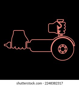 Neon surface grinder in hand tool in use Arm Electric circular saw angle with discs hand-held Bulgarian Polisher sander machine for treatment cutting red color vector illustration image flat style