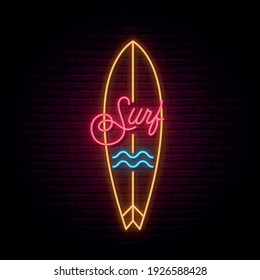 Neon surfboard sign. Glowing surf emblem in retro style. Bright light signboard. Vector illustration.