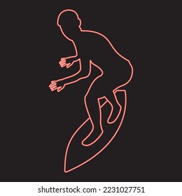 Neon surfer on surferboard red color vector illustration image flat style light