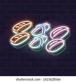 Neon Sushi Icon Signage On Brick Wall. Vector Isolated Images For Dark Background. Fluorescent Illustration For Menu, Logo, Poster. Square Format For Social Network Post.