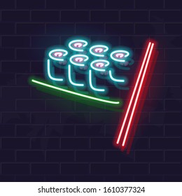 Neon Sushi Rolls Icon Signage On Brick Wall. Vector Isolated Images For Dark Background. Fluorescent Illustration For Menu, Logo, Poster. Square Format For Social Network Post.