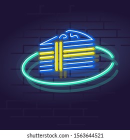 Neon sweden cake. Night illuminated wall street sign. Isolated geometric style illustration on brick wall background.