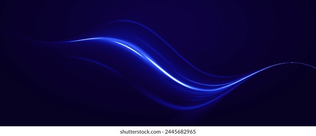 Efecto de luz de línea azul de remolino de neón. Efecto de movimiento de luz abstracto moderno de alta velocidad sobre fondo negro. Vector de rayos láser.	
