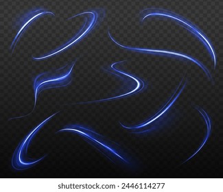 Efecto de luz de línea azul de remolino de neón. Efecto de movimiento de luz abstracto moderno de alta velocidad sobre fondo negro. Vector de rayos láser.	
