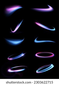 Neon swirl. Blue red pink purple line curve light effect. Abstract ring background with glowing swirling background. Energy flow tunnel. Blue portal, platform. Magic circle vector. Luminous spiral.