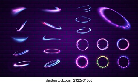 Neon swirl. Blue red pink purple line curve light effect. Abstract ring background with glowing swirling background. Energy flow tunnel. Blue portal, platform. Magic circle vector. Luminous spiral.	