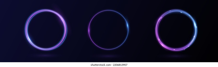 Neon swirl. Curve blue line light effect. Abstract ring background with glowing swirling background. Energy flow tunnel. Blue portal, platform. Magic circle vector. Round frame with light effect