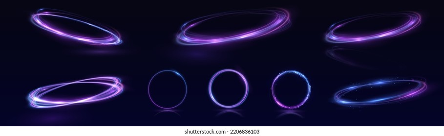 Neon swirl. Curve blue line light effect. Abstract ring background with glowing swirling background. Energy flow tunnel. Blue portal, platform. Magic circle vector. Luminous spiral. round frame with l