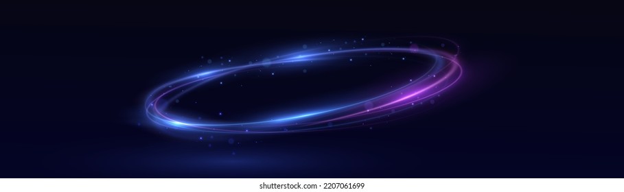 Neon swirl. Curve blue line light effect. Abstract ring background with glowing swirling background. Energy flow tunnel. Blue portal, platform. Magic circle vector. Luminous spiral. round frame with l