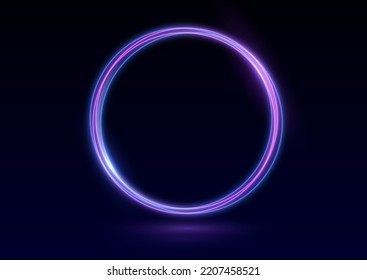 Neon swirl. Curve blue line light effect. Abstract ring background with glowing swirling background. Energy flow tunnel. Blue portal, platform. Magic circle vector. Round frame with light effect