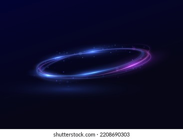 Neon swirl. Curve blue line light effect. Abstract ring background with glowing swirling background. Energy flow tunnel. Blue portal, platform. Magic circle vector. Luminous spiral. round frame with l