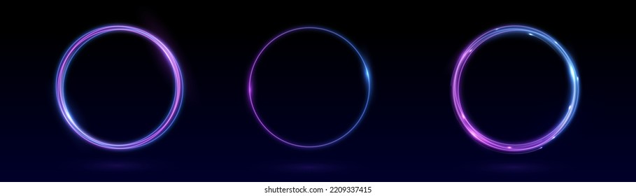 Neon swirl. Curve blue line light effect. Abstract ring background with glowing swirling background. Energy flow tunnel. Blue portal, platform. Magic circle vector. Round frame with light effect