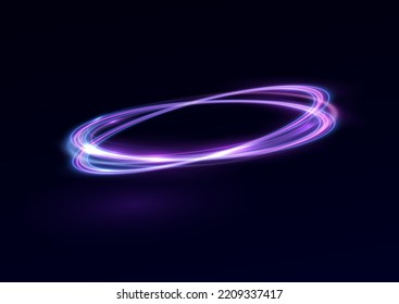 Neon swirl. Curve blue line light effect. Abstract ring background with glowing swirling background. Energy flow tunnel. Blue portal, platform. Magic circle vector. Luminous spiral. round frame with l