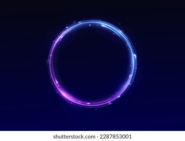 Neon swirl. Curve blue line light effect. Abstract ring background with glowing swirling background. Energy flow tunnel. Blue portal, platform. Magic circle vector. Round frame with light effect