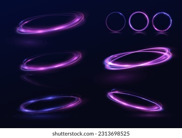 Neon swirl. Curve blue line light effect. Abstract ring background with glowing swirling background. Energy flow tunnel. Blue portal, platform. Magic circle vector. Luminous spiral. round frame