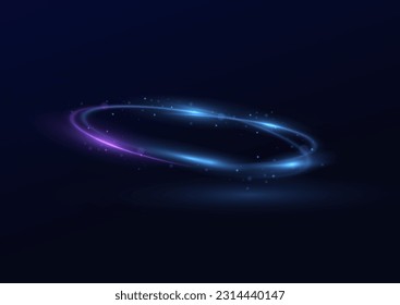 Giro de neón. Efecto de luz de línea azul de curva. Fondo del anillo abstracto con fondo giratorio brillante. Túnel de flujo de energía. Portal azul, plataforma. Vector de círculo mágico. Espiral luminosa. marco redondo