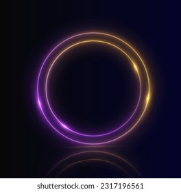 Neon swirl. Curve blue line light effect. Abstract ring background with glowing swirling background. Energy flow tunnel. Blue portal, platform. Magic circle vector. Luminous spiral. round frame