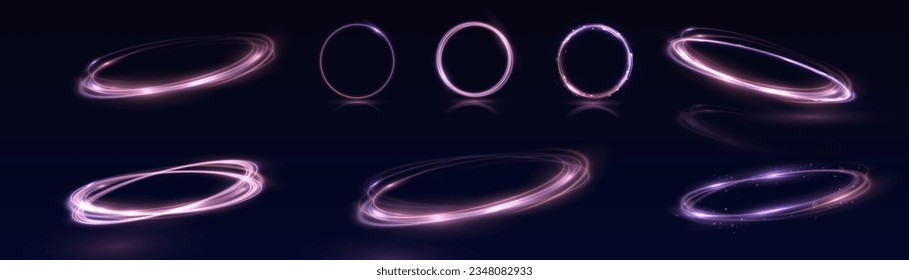 Neon swirl. Curve blue line light effect. Abstract ring background with glowing swirling background. Energy flow tunnel. Blue portal, platform. Magic circle vector. Luminous spiral. round frame