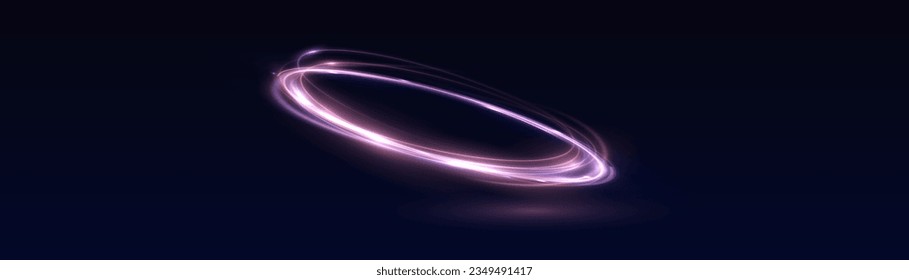 Neon swirl. Curve blue line light effect. Abstract ring background with glowing swirling background. Energy flow tunnel. Blue portal, platform. Magic circle vector. Luminous spiral. round frame