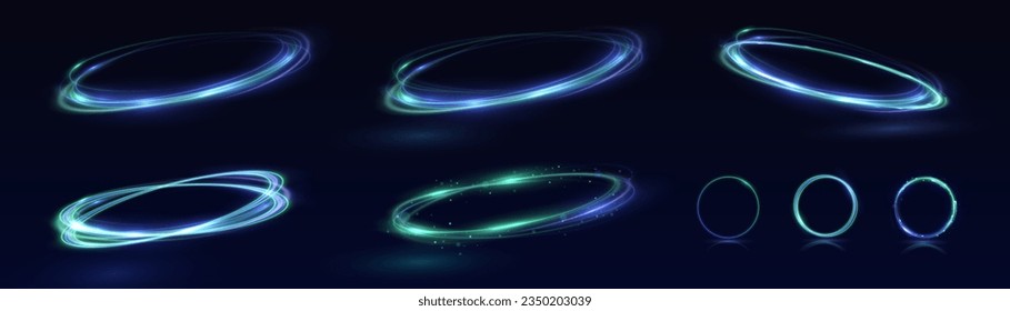 Neon swirl. Curve blue line light effect. Abstract ring background with glowing swirling background. Energy flow tunnel. Blue portal, platform. Magic circle vector. Luminous spiral. round frame