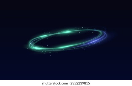 Neon swirl. Curve blue line light effect. Abstract ring background with glowing swirling background. Energy flow tunnel. Blue portal, platform. Magic circle vector. Luminous spiral. round frame
