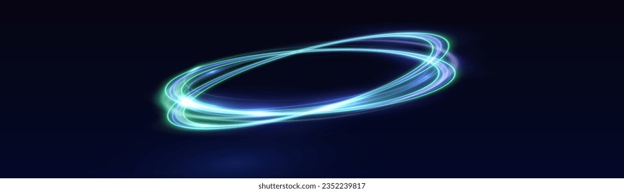 Neon swirl. Curve blue line light effect. Abstract ring background with glowing swirling background. Energy flow tunnel. Blue portal, platform. Magic circle vector. Luminous spiral. round frame