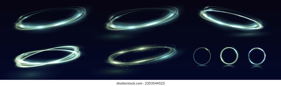 Neon swirl. Curve blue line light effect. Abstract ring background with glowing swirling background. Energy flow tunnel. Blue portal, platform. Magic circle vector. Luminous spiral. round frame