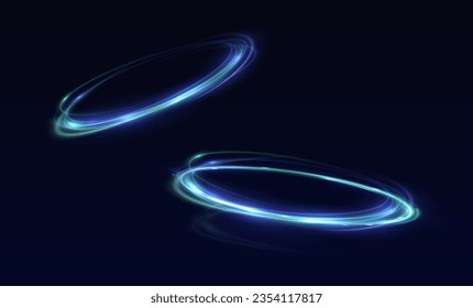 Neon swirl. Curve blue line light effect. Abstract ring background with glowing swirling background. Energy flow tunnel. Blue portal, platform. Magic circle vector. Luminous spiral. round frame