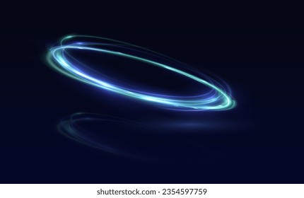 Neon swirl. Curve blue line light effect. Abstract ring background with glowing swirling background. Energy flow tunnel. Blue portal, platform. Magic circle vector. Luminous spiral. round frame