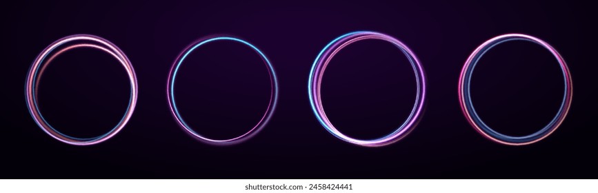 Neon swirl. Curve blue line light effect. Energy flow tunnel. Blue portal, platform. Colorful night banner, vector light effect. Bright illuminated shape.	
