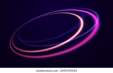 Remolino de neón. Efecto de luz de línea azul de curva. Túnel de flujo de energía. Portal azul, plataforma. Anuncio nocturno colorido, efecto de luz de Vector. Forma iluminada brillante.	
