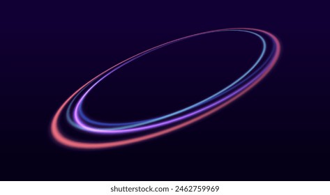 Neon swirl. Curve blue line light effect. Energy flow tunnel. Blue portal, platform. Colorful night banner, vector light effect. Bright illuminated shape.	
