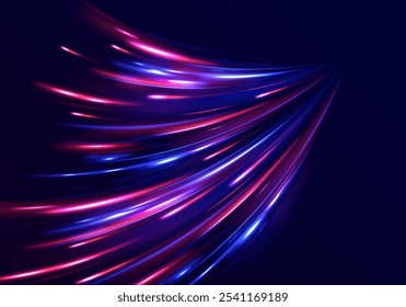 Remolino de neón. Efecto de luz de línea azul curva. La luz del cyberpunk rastra en movimiento o el efecto del obturador lento ligero. Concepto de líder en negocios, productos de alta tecnología, diseño de Vector científico de agujero de gusano de velocidad de urdimbre.	
