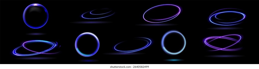 Neon swirl. Curve blue line light effect. Abstract ring background with glowing swirling background. Energy flow tunnel. Blue portal, platform. Magic circle vector.