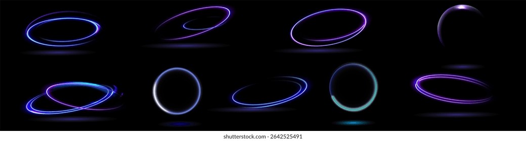 Neon swirl. Curve blue line light effect. Abstract ring background with glowing swirling background. Energy flow tunnel. Blue portal, platform.