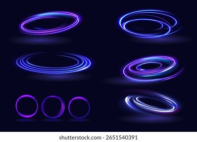 Neon swirl. Curve blauw lijn licht effect. Abstracte ring achtergrond met gloeiende wervelende achtergrond. Energiestroomtunnel. Blauw portaal, platform.