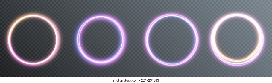 Neon swirl. Curve purple line light effect. Abstract ring background with glowing swirling background. Energy flow tunnel. Neon portal, platform. Magic circle vector. Round frame with light effect